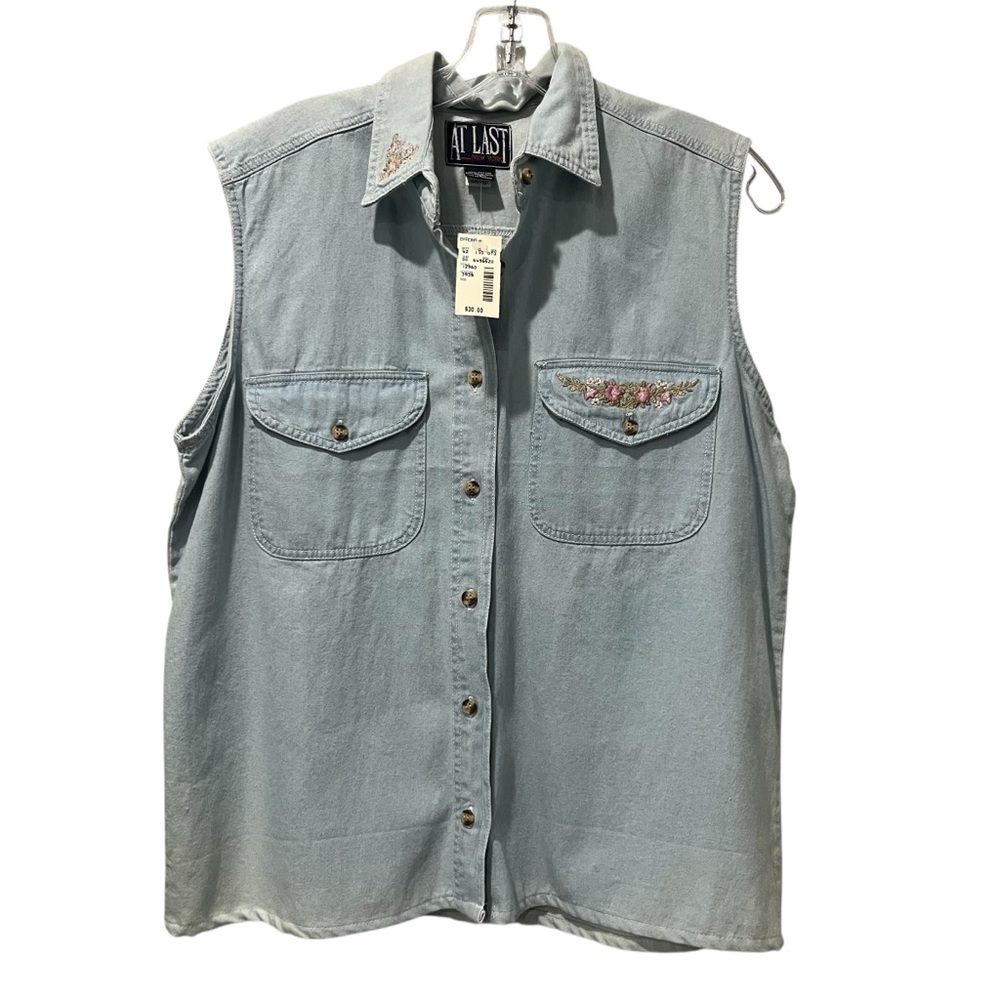 Vintage 90s Chambray Shirt Large Sleeveless Cotton Denim Floral Embroidery NEW